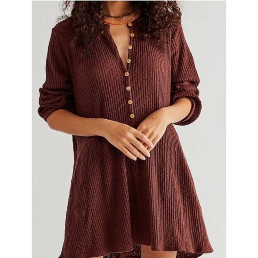 free‎ people beach henley brown blossom long sleeve mini dress